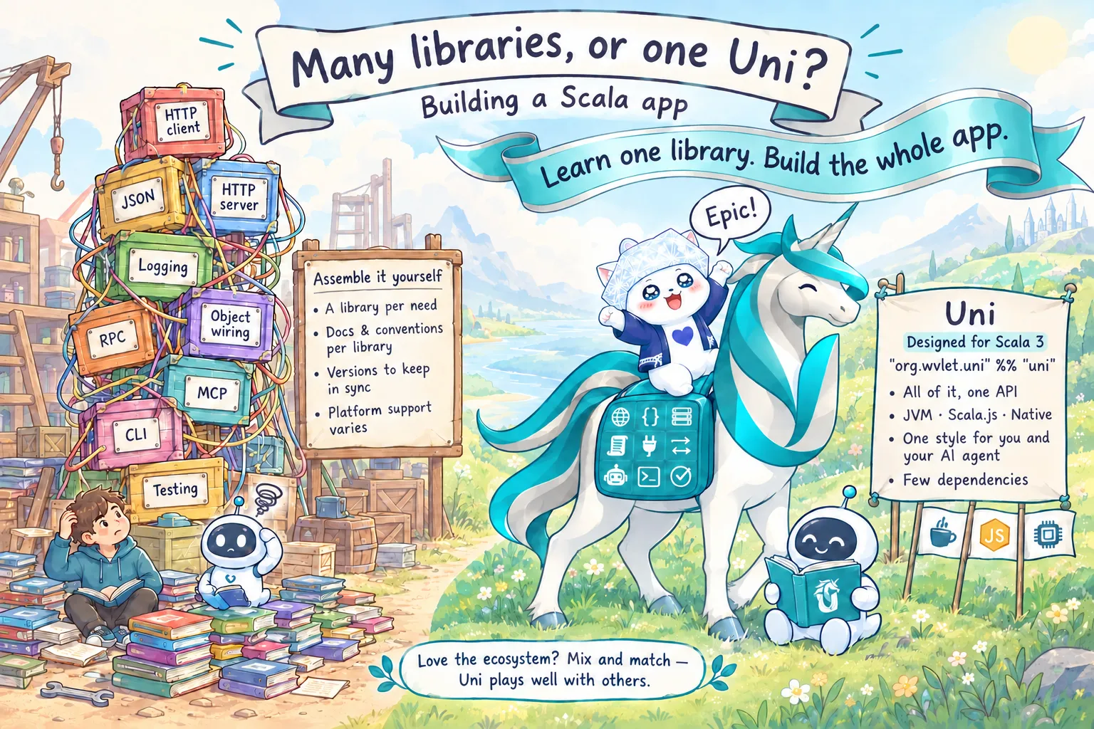 Many libraries, or one Uni? On the left, a developer and an AI assistant sit among piles of manuals beneath a tangled tower of boxes labeled HTTP client, JSON, HTTP server, logging, RPC, object wiring, MCP, CLI, and testing, next to a sign reading "Assemble it yourself". On the right, a unicorn carries all of those pieces in one bag, beside a sign reading "Uni: designed for Scala 3, one API, JVM, Scala.js, and Native, one style for you and your AI agent". A banner at the bottom says "Love the ecosystem? Mix and match. Uni plays well with others."
